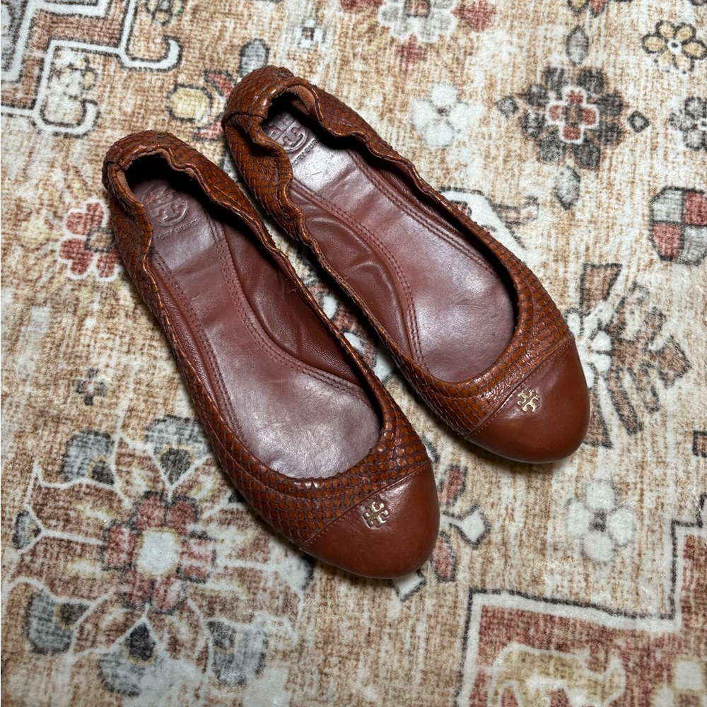 Tory Burch Reptile Cap Toe Ballet Leather Flats Shoes Size 7.5 Brown